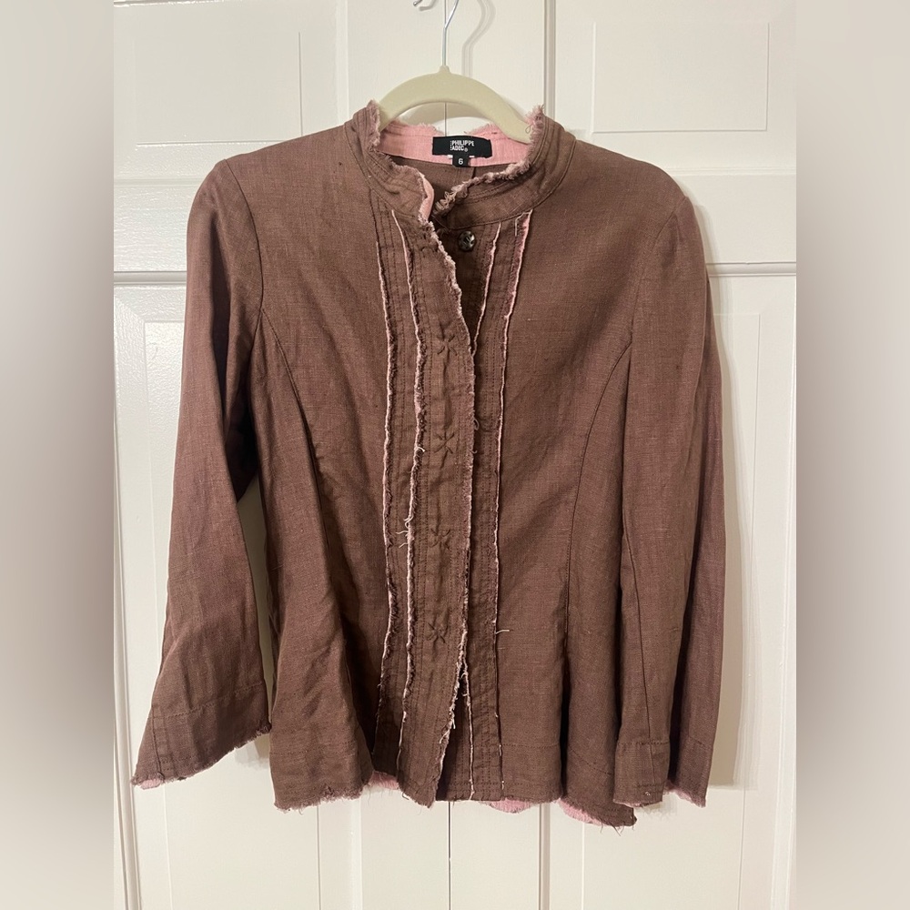 Philippe Adec Boho 100% Linen‎ Snap Up Jacket Brown Pink Distressed Size 6